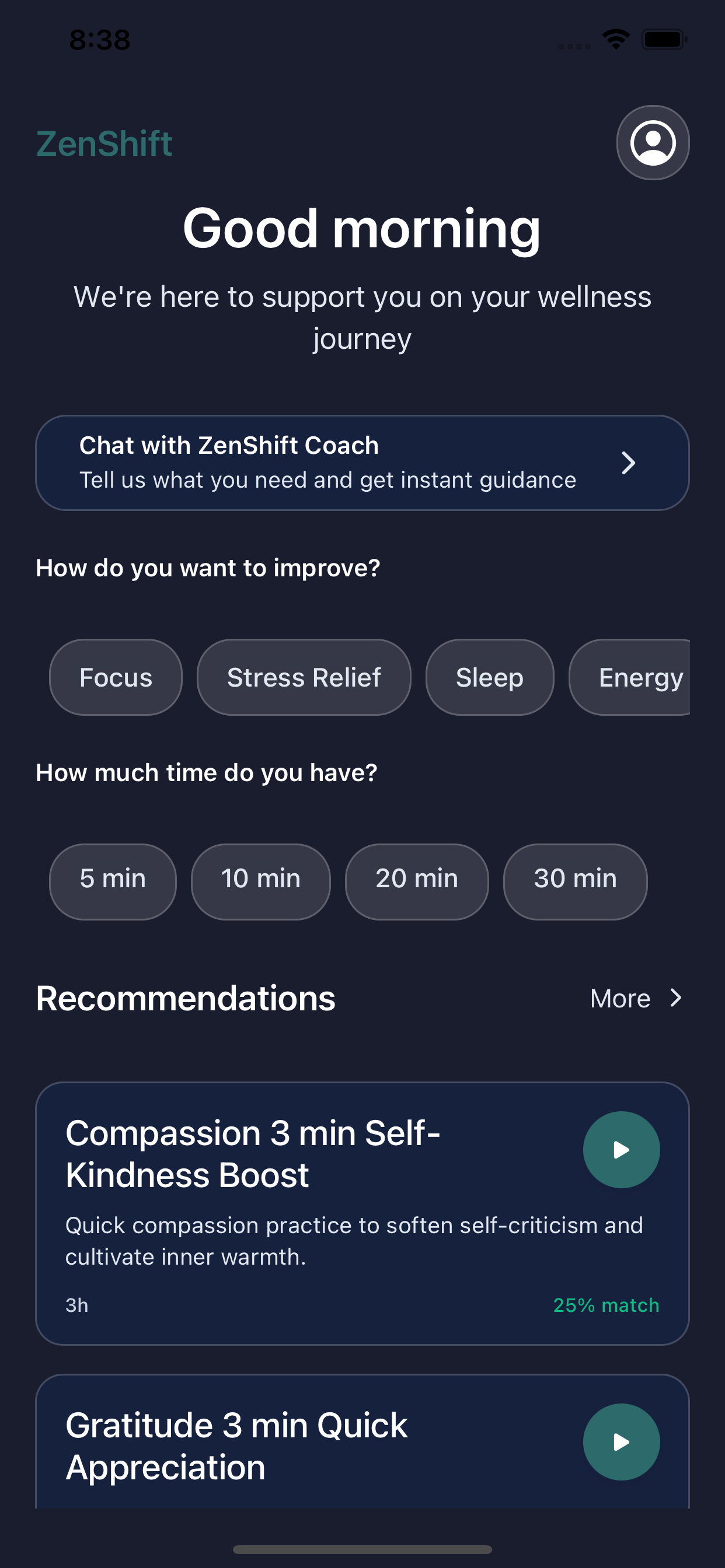 ZenShift app showing AI-powered recommendations